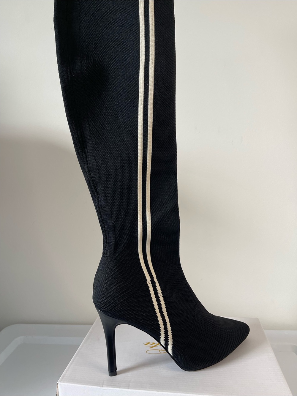 Black Over-the-Knee Stiletto Boot with cream Racing Stripes